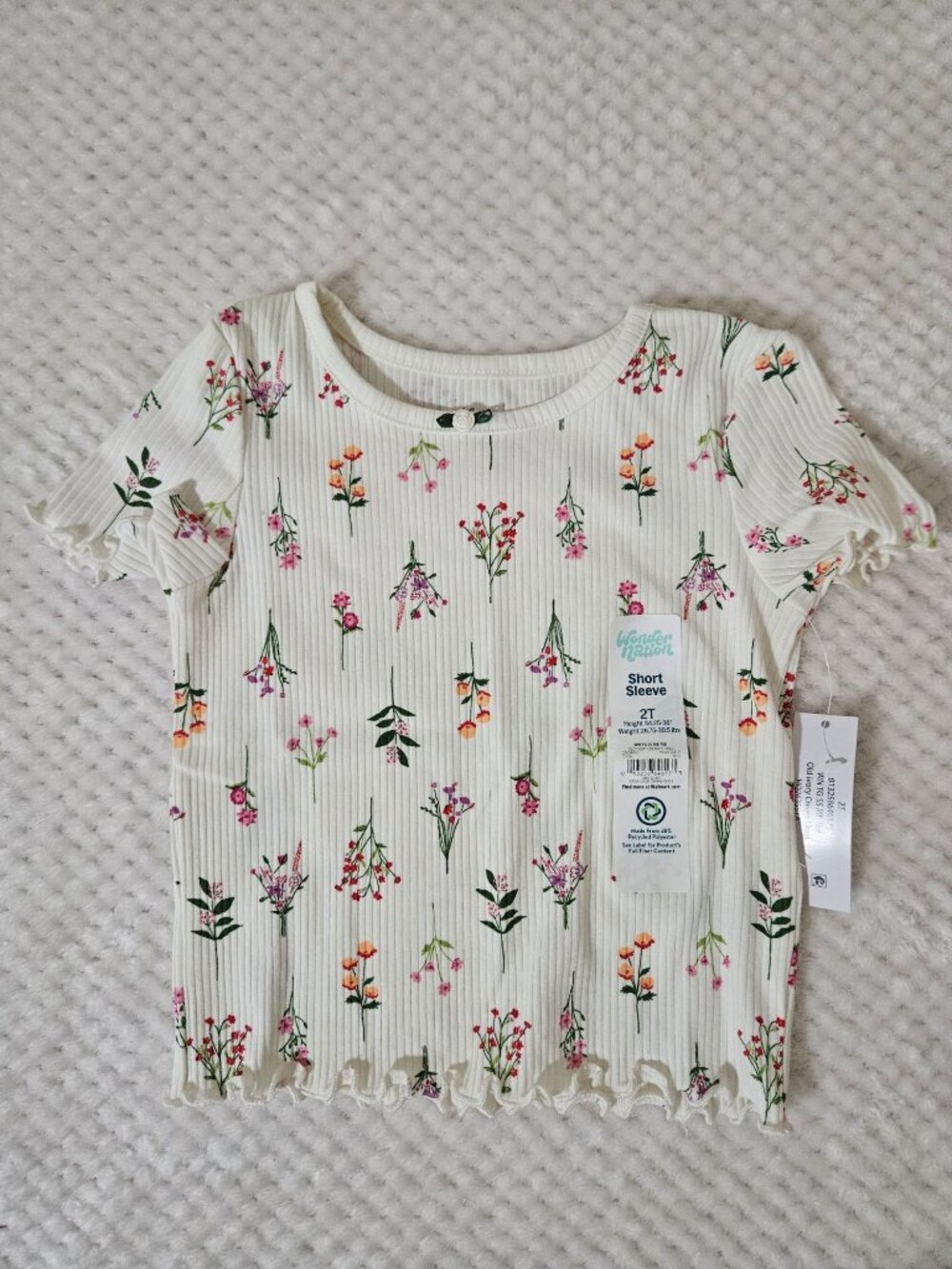 NWT Wonder Nation Toddler Girls 2T Ivory Cream Floral Ribbed Short Sleeve Shirt